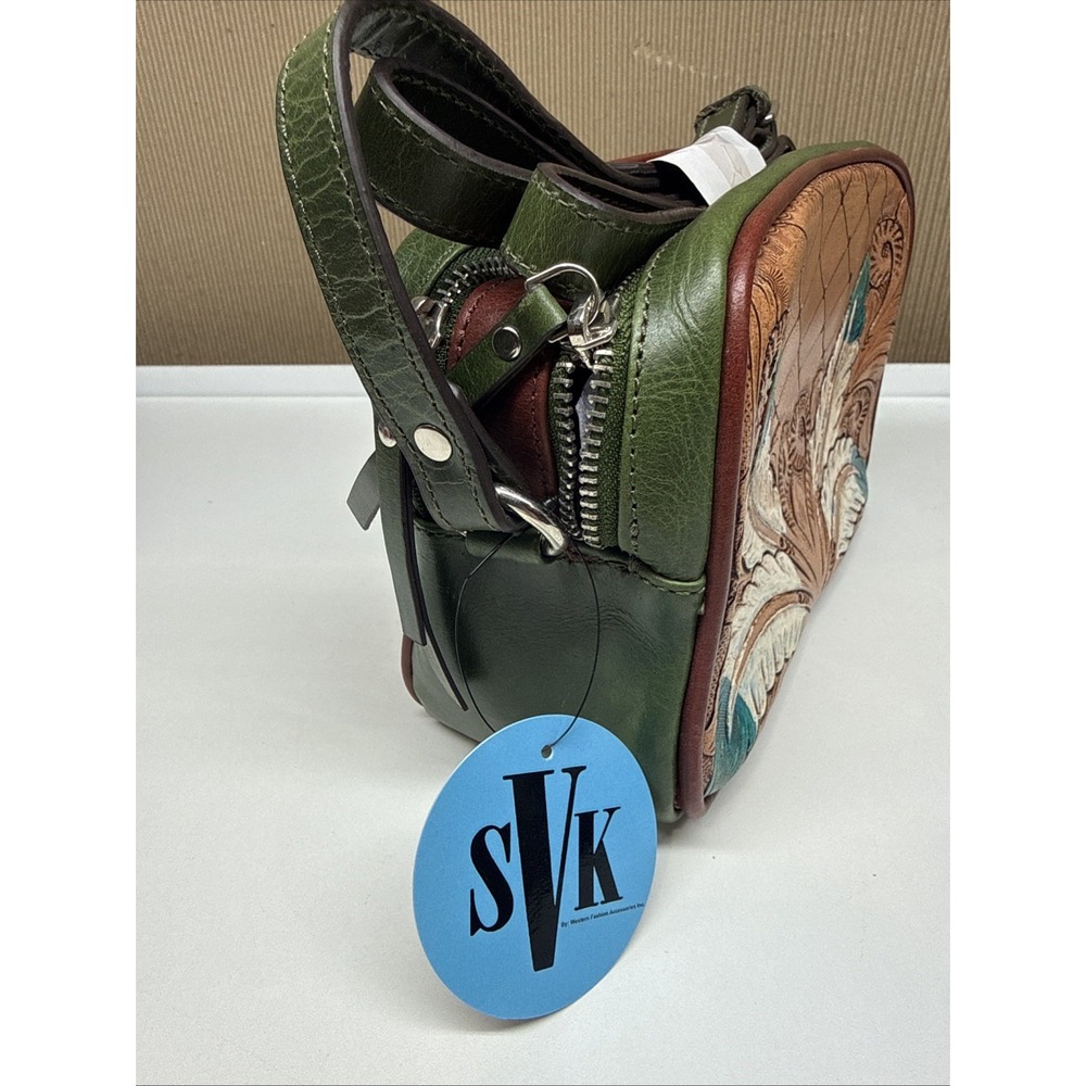SVK Western Crossbody Embossed Leather Brown Green Blue Feather Accent - Picture 5 of 8